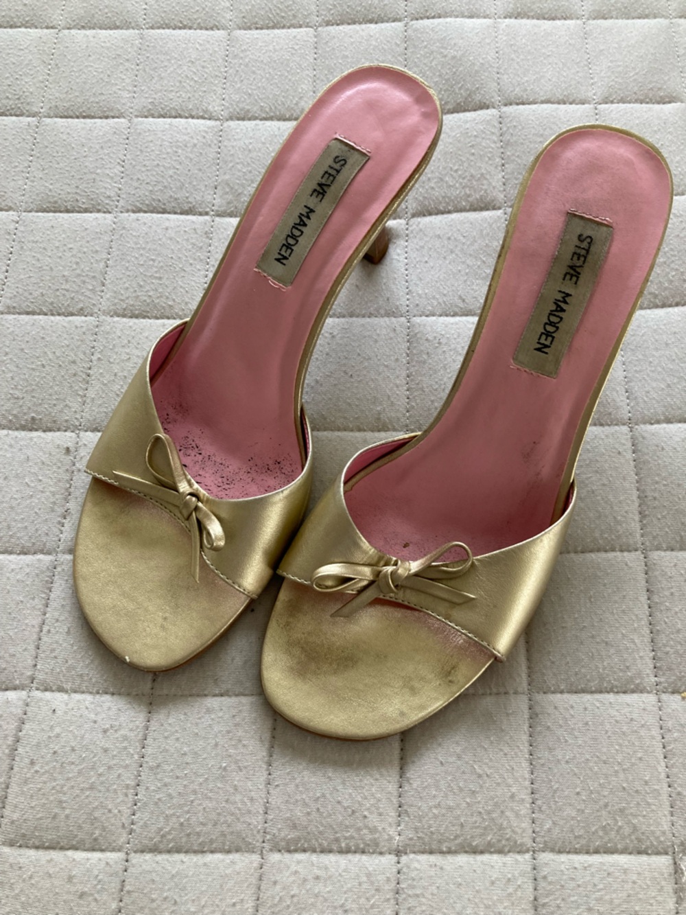 Steve Madden Women’s Vintage Gold Slip-On Mules with Pink Insole - 2.5” heel